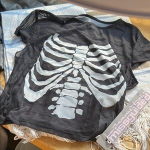 NWT Missguided Mesh  Black and White Skeleton Tee Super Stretch Medium